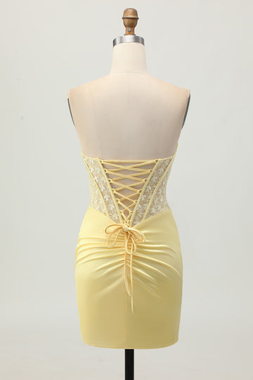 Strapless Corset Ruched Yellow Homecoming Dress With Slit